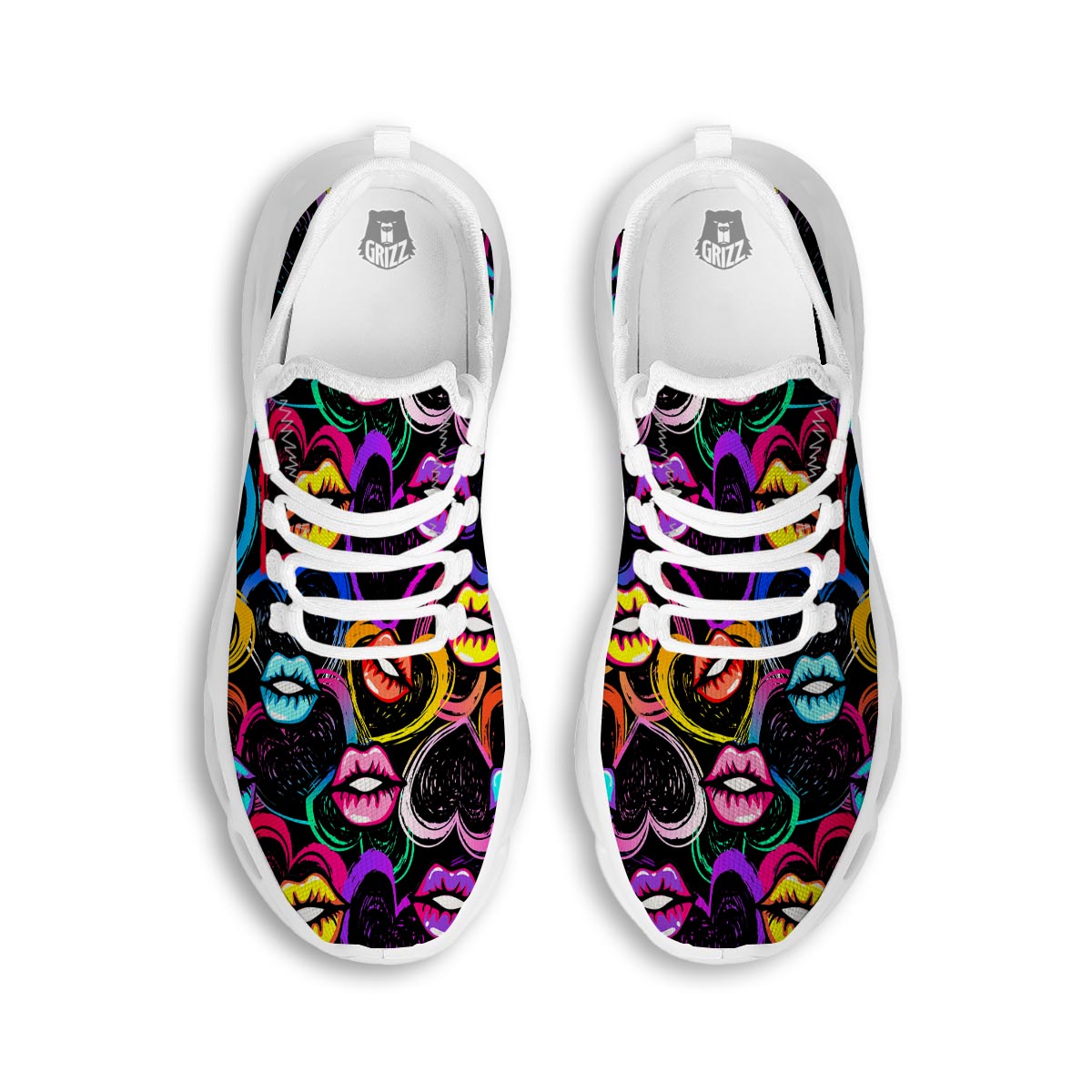 Abstract Lip Graffiti Print White Running Shoes-grizzshop