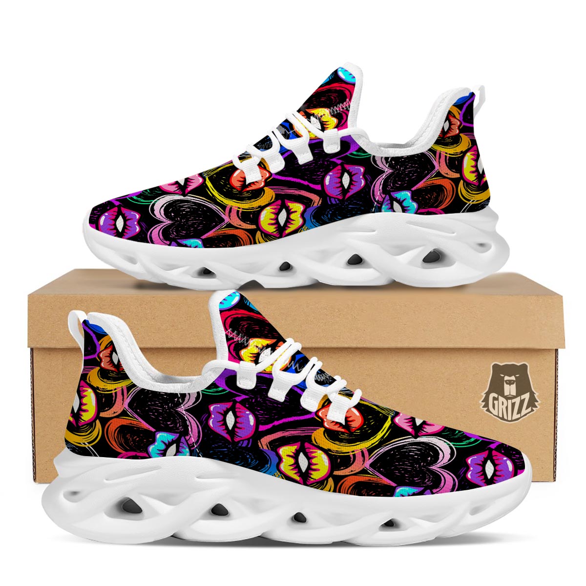 Abstract Lip Graffiti Print White Running Shoes-grizzshop