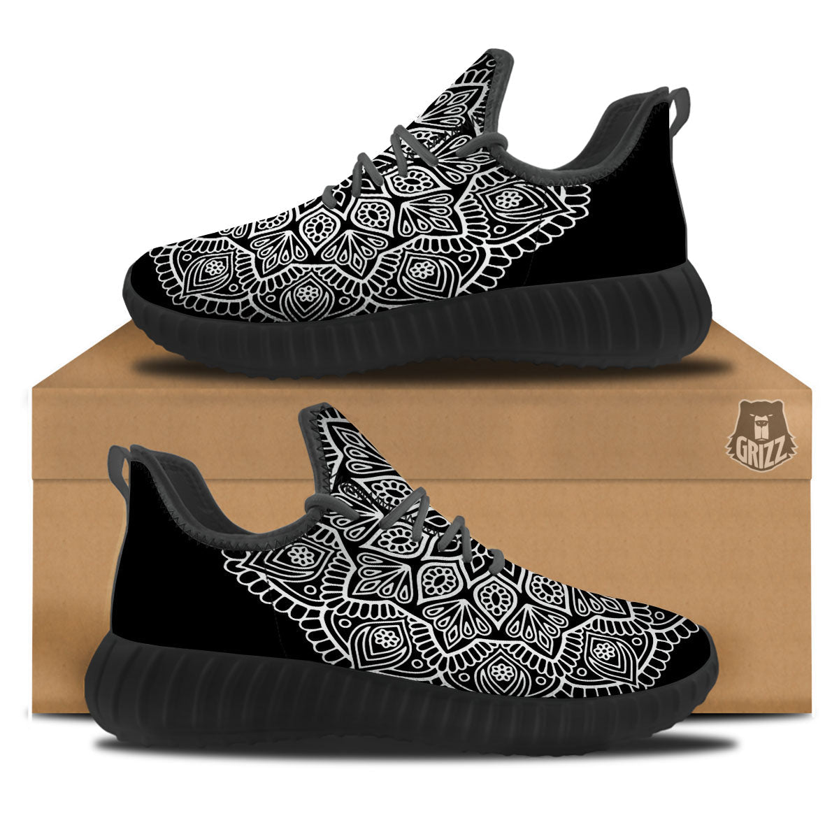 Abstract Mandala White And Black Print Black Walking Shoes-grizzshop
