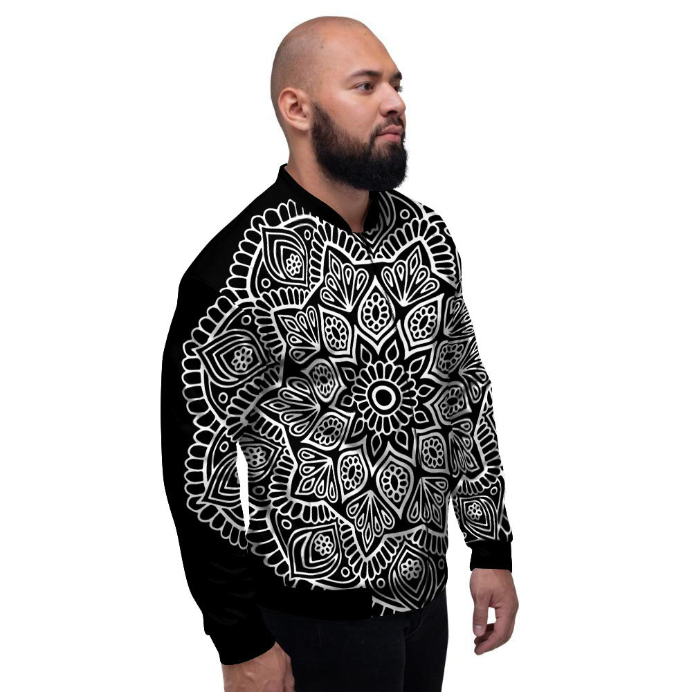 Abstract Mandala White And Black Print Men's Bomber Jacket-grizzshop