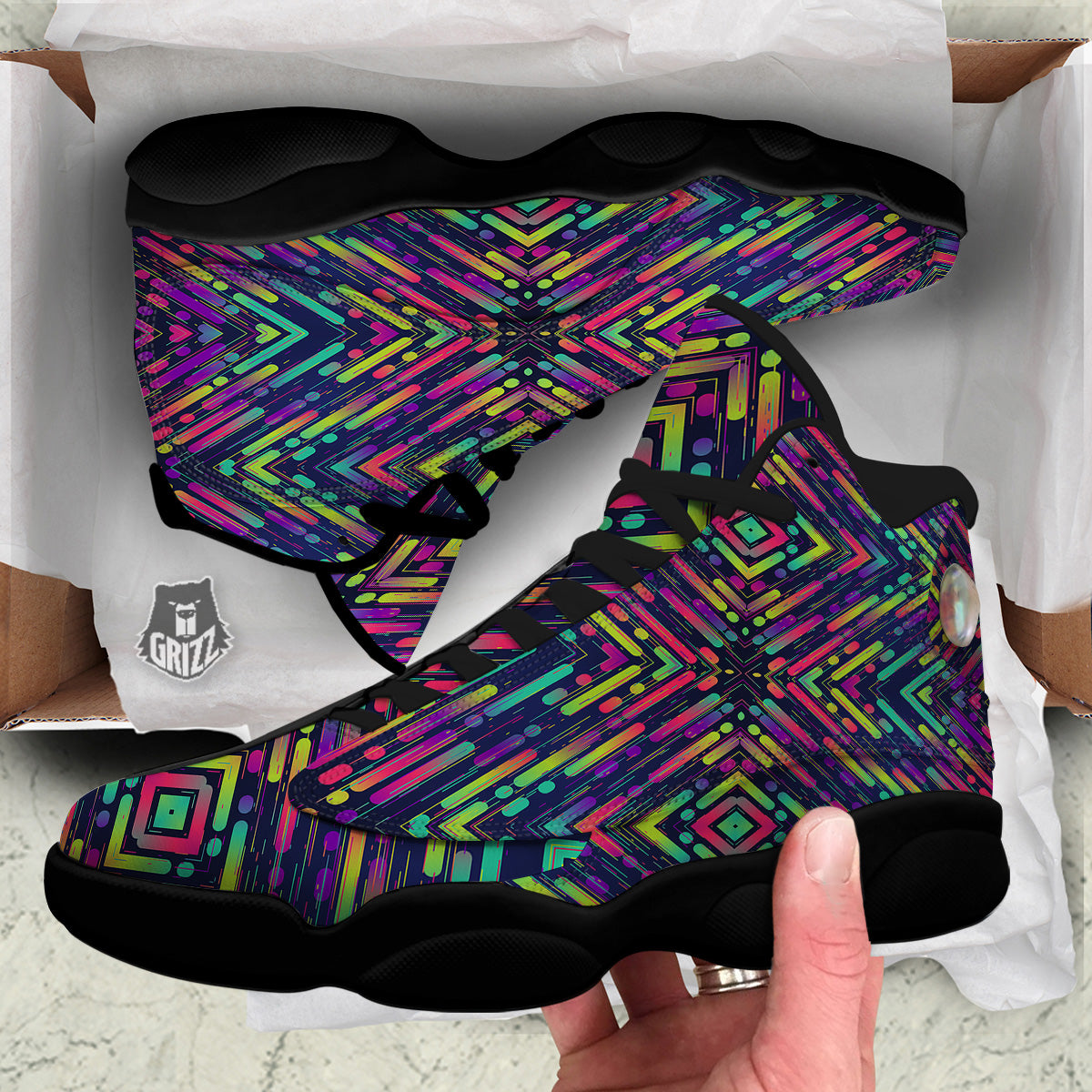 Abstract Neon Colorful Stripes Print Pattern Black Basketball Shoes-grizzshop