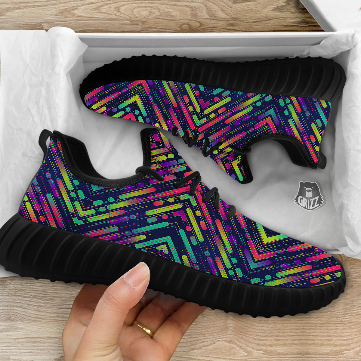Abstract Neon Colorful Stripes Print Pattern Black Walking Shoes-grizzshop