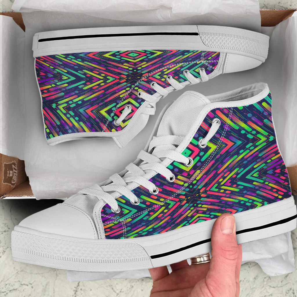 Abstract Neon Colorful Stripes Print Pattern White High Top Shoes-grizzshop