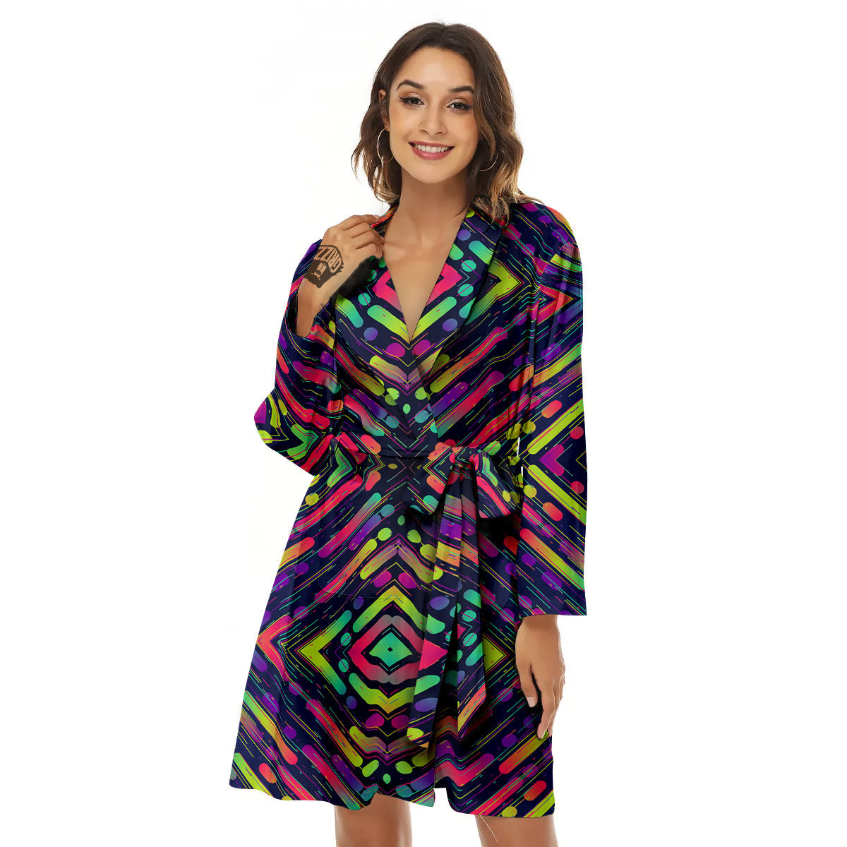 Abstract Neon Colorful Stripes Print Pattern Women's Robe-grizzshop