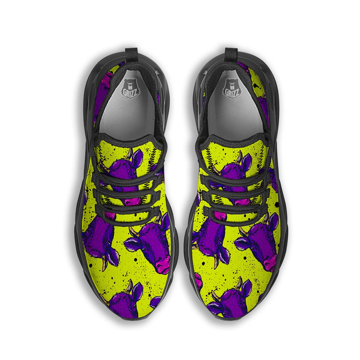 Abstract Neon Cow Print Black Running Shoes-grizzshop