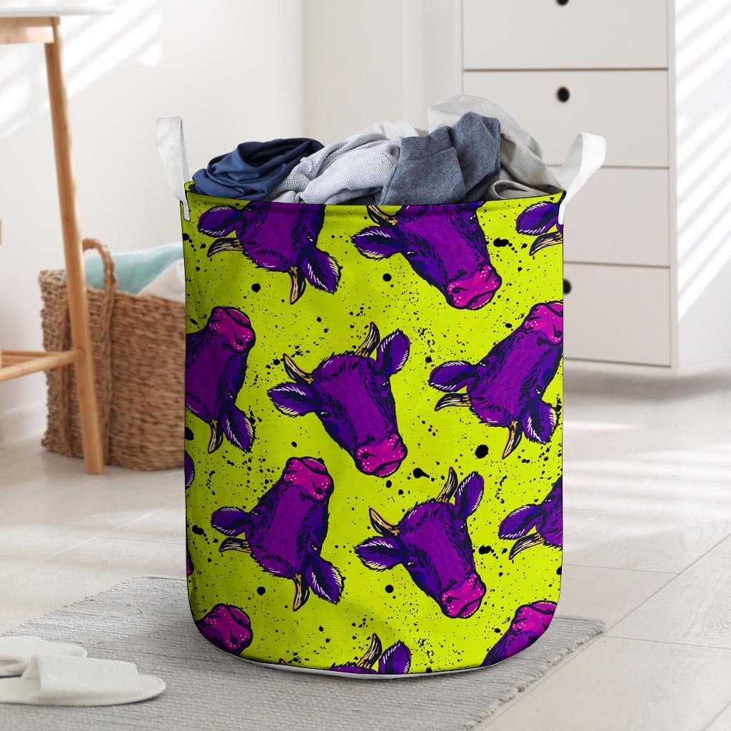 Abstract Neon Cow Print Laundry Basket-grizzshop