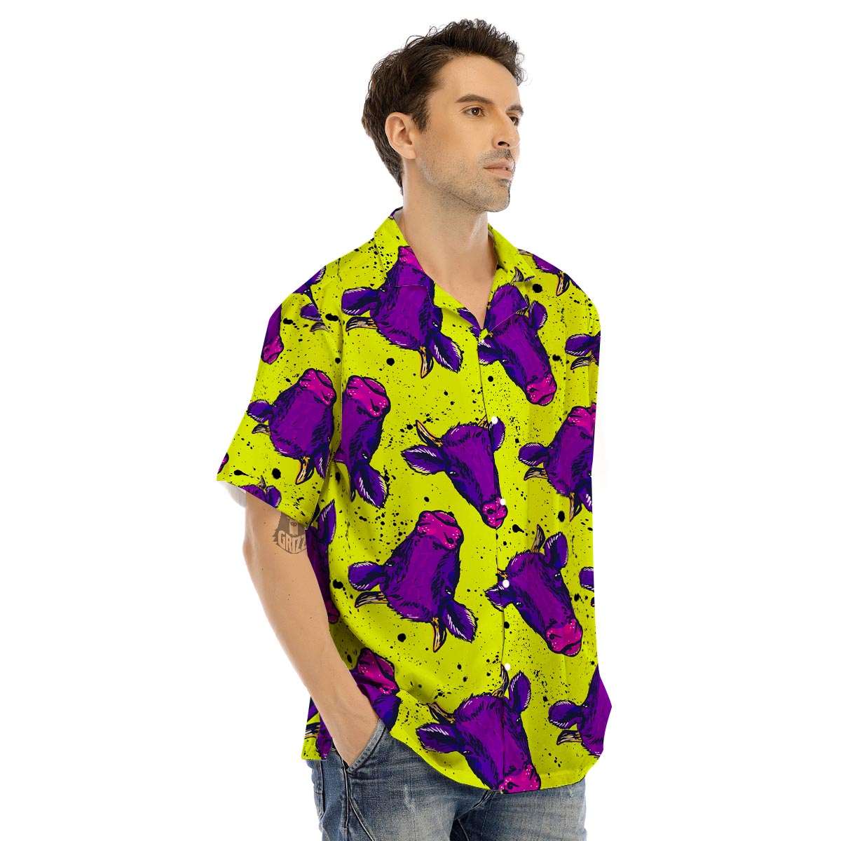 Abstract Neon Cow Print Men’s Hawaiian Shirt-grizzshop