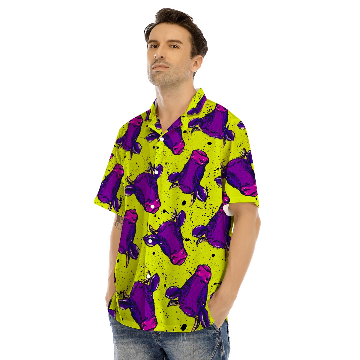 Abstract Neon Cow Print Men’s Hawaiian Shirt-grizzshop