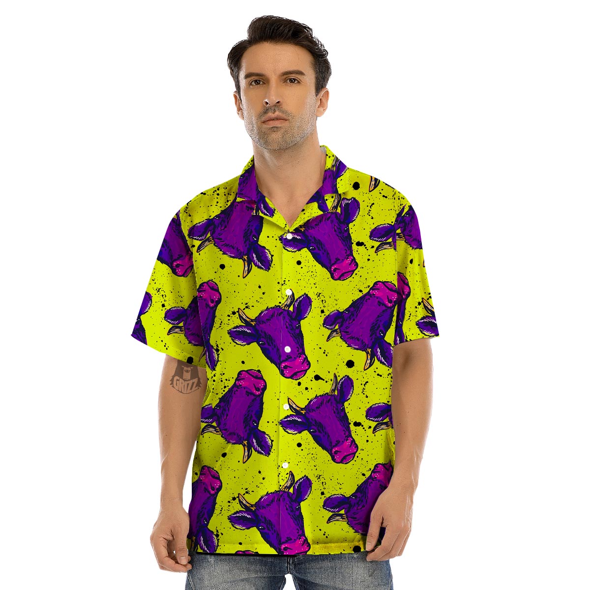Abstract Neon Cow Print Men’s Hawaiian Shirt-grizzshop