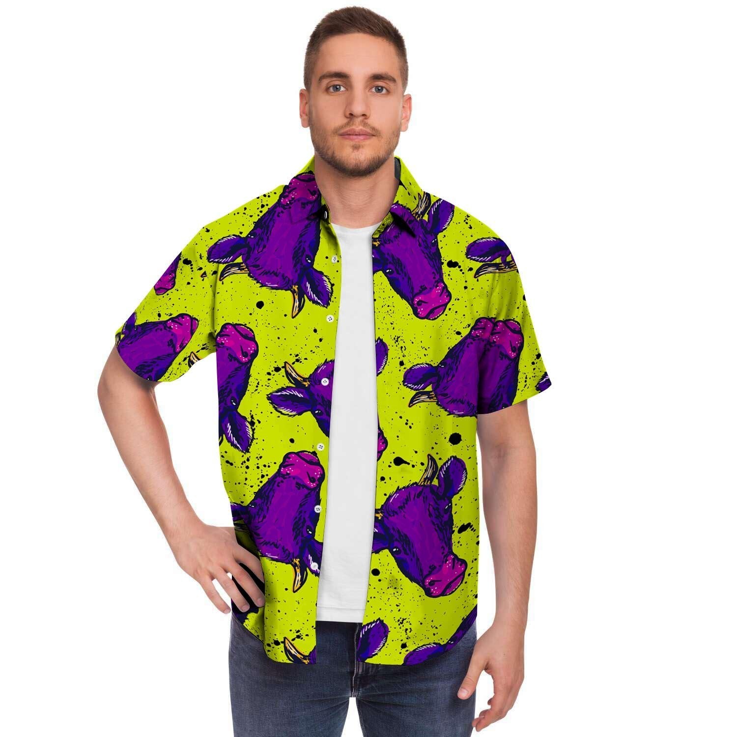 Abstract Neon Cow Print Men's Short Sleeve Shirt-grizzshop