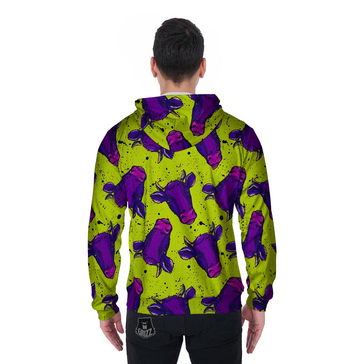 Abstract Neon Cow Print Men's Zip Up Hoodie-grizzshop