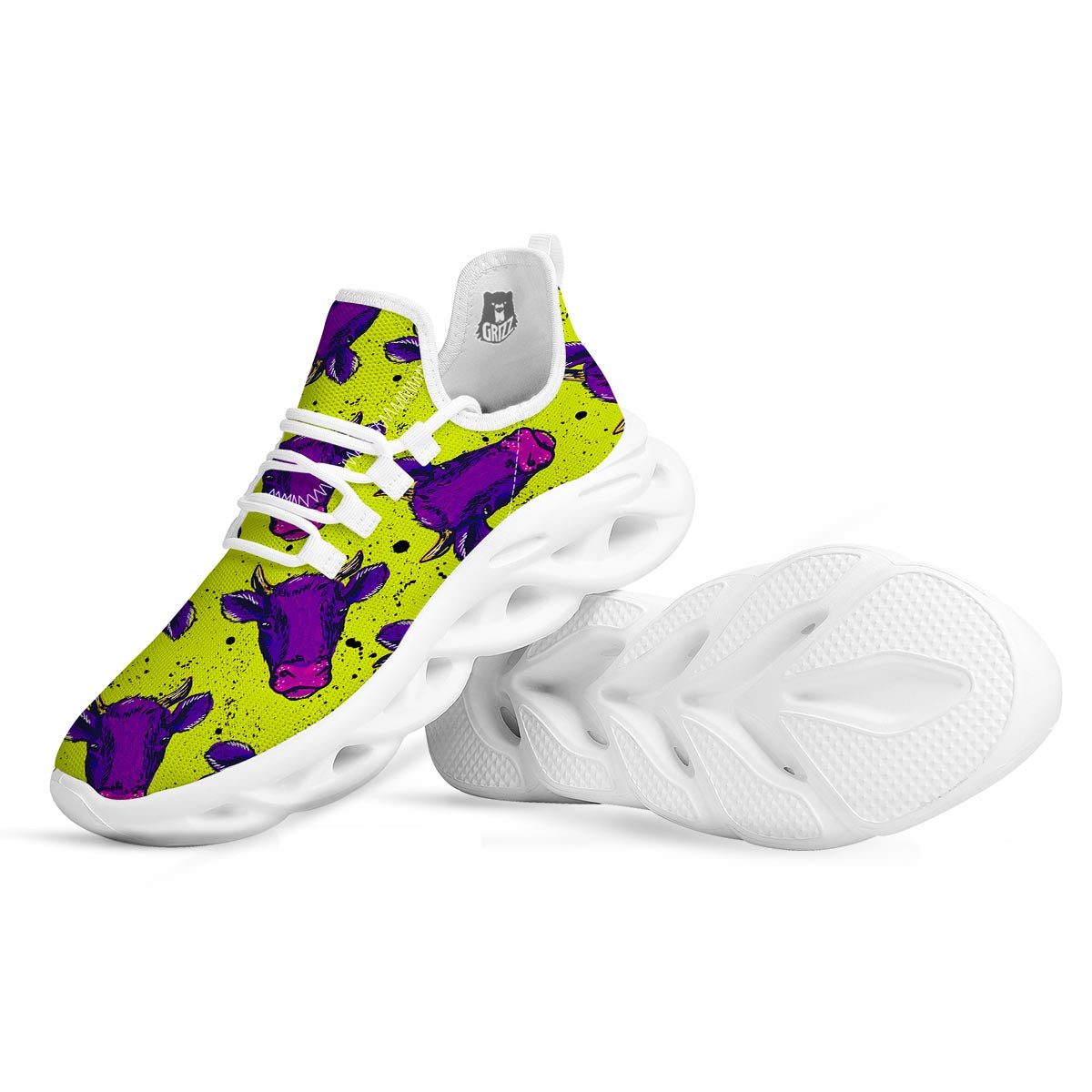 Abstract Neon Cow Print White Running Shoes-grizzshop