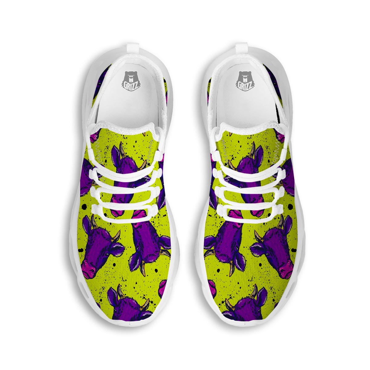 Abstract Neon Cow Print White Running Shoes-grizzshop
