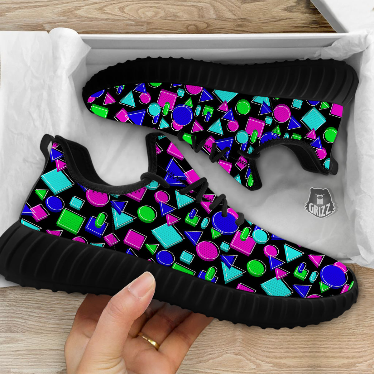Abstract Neon Geometric Print Pattern Black Walking Shoes-grizzshop