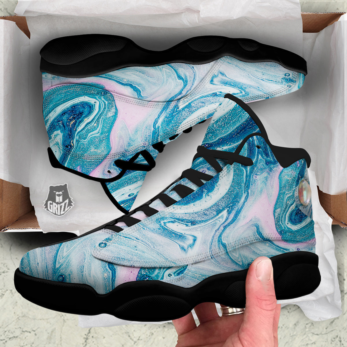Abstract Ocean Marble Pink Blue Print Black Basketball Shoes-grizzshop