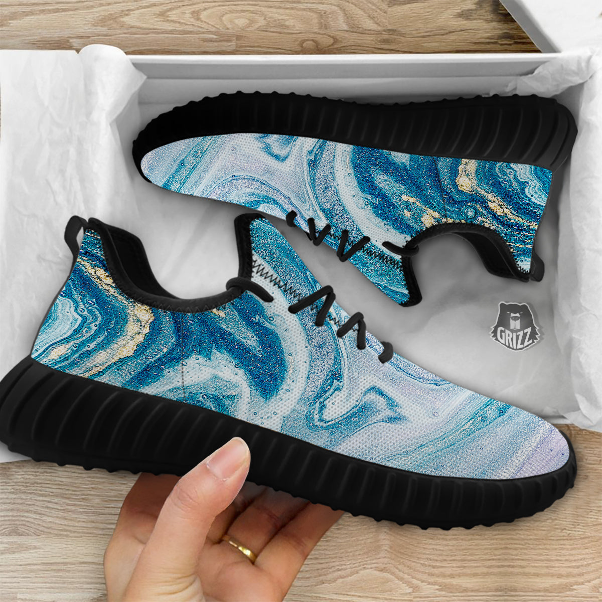 Abstract Ocean Marble Pink Blue Print Black Walking Shoes-grizzshop