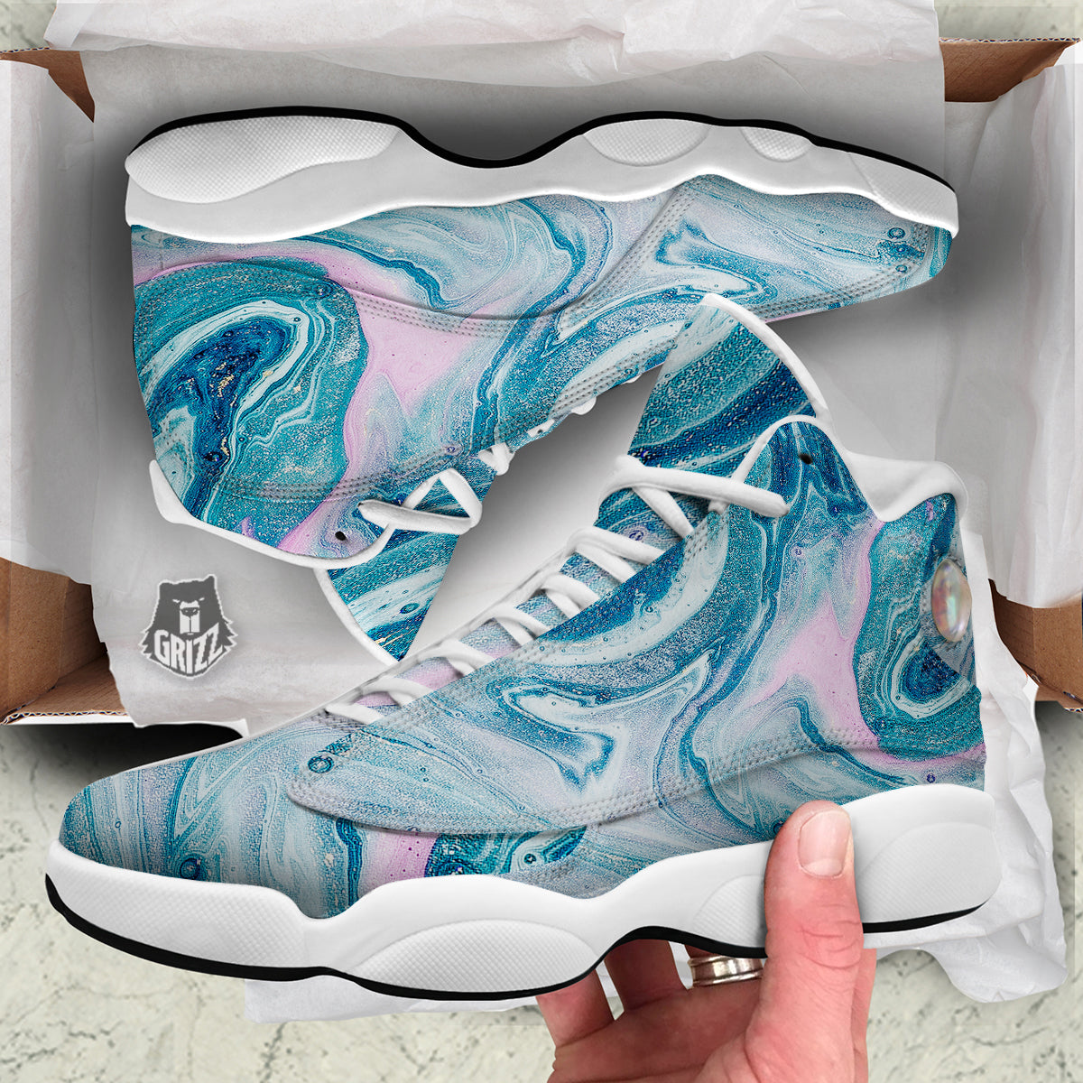 Abstract Ocean Marble Pink Blue Print White Basketball Shoes-grizzshop