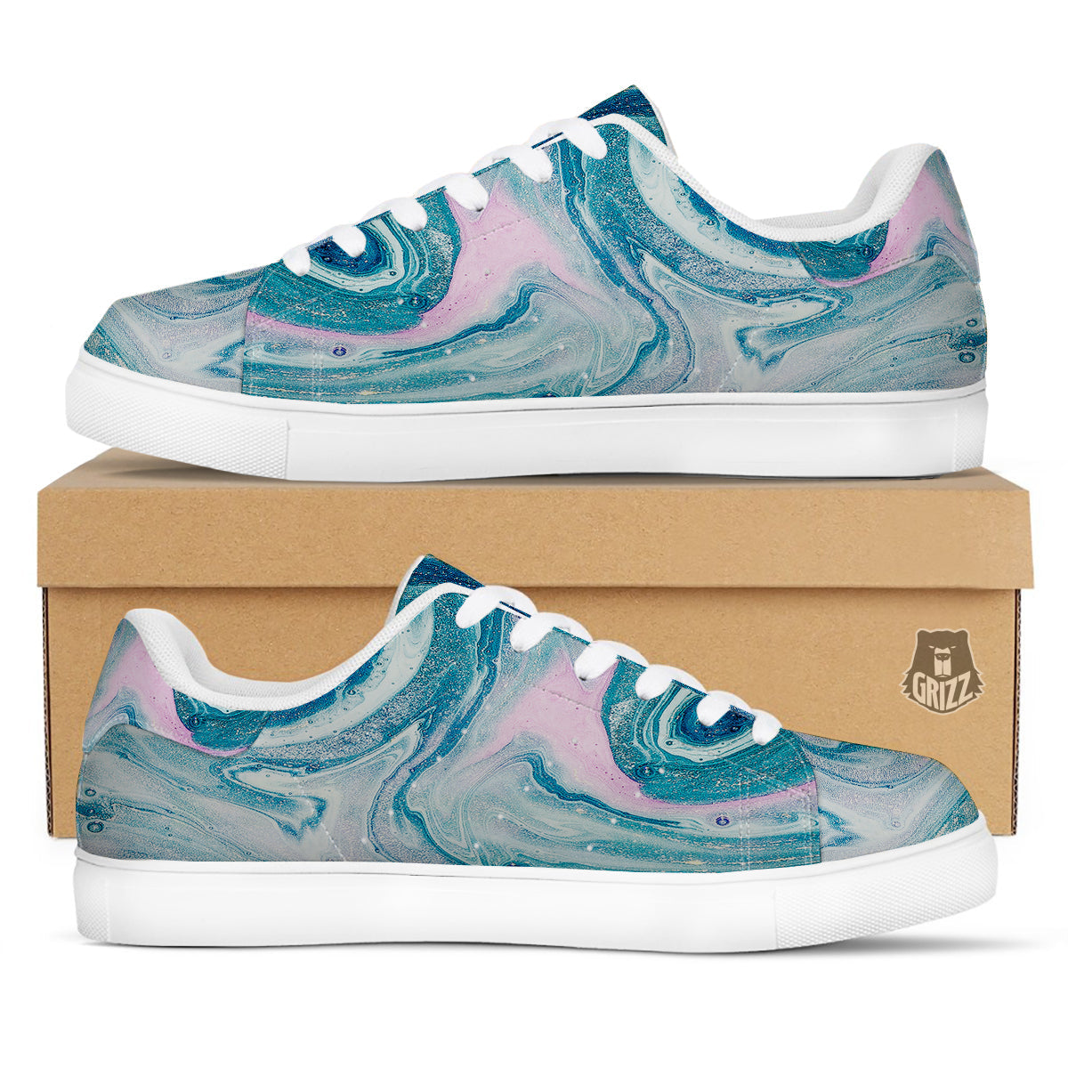 Abstract Ocean Marble Pink Blue Print White Low Top Sneakers-grizzshop