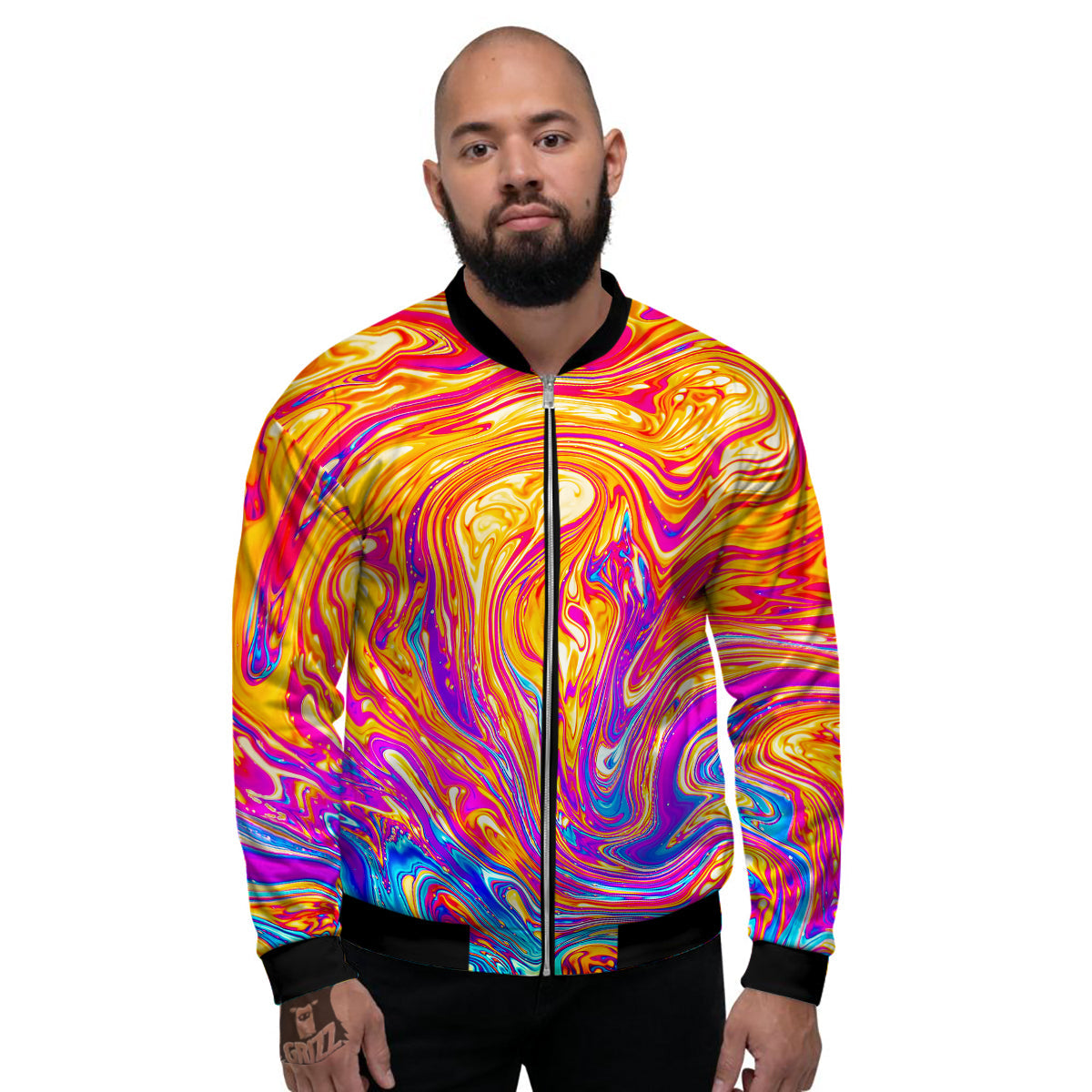 Abstract Orange Psychedelic Print Men's Bomber Jacket-grizzshop