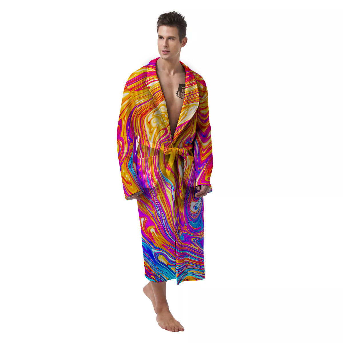 Abstract Orange Psychedelic Print Men's Robe-grizzshop