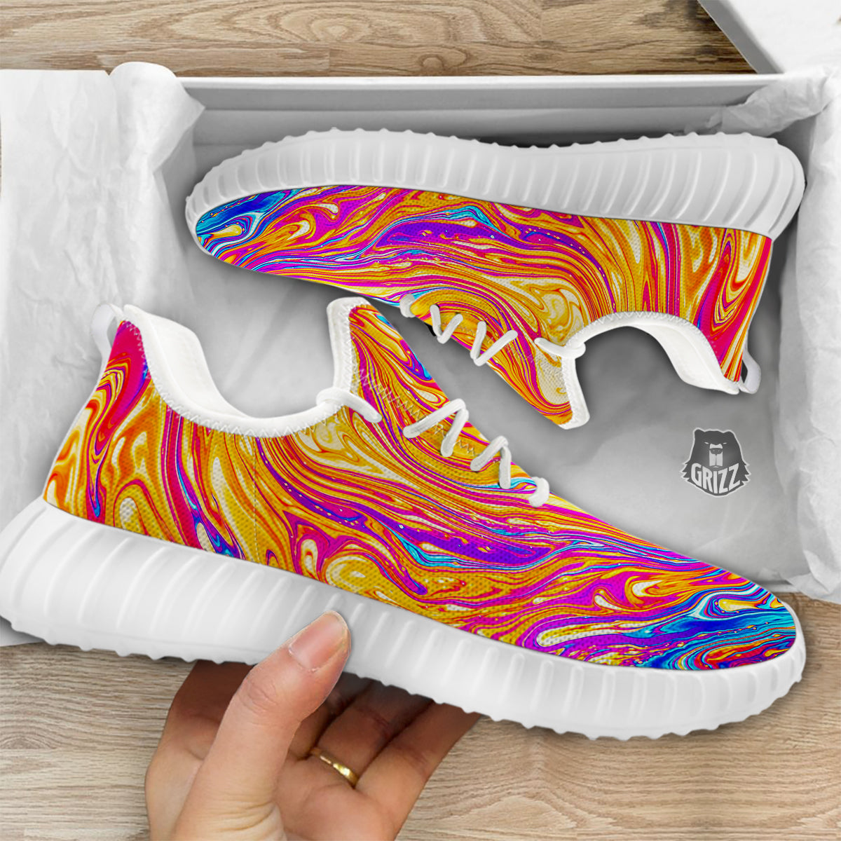 Abstract Orange Psychedelic Print White Walking Shoes-grizzshop