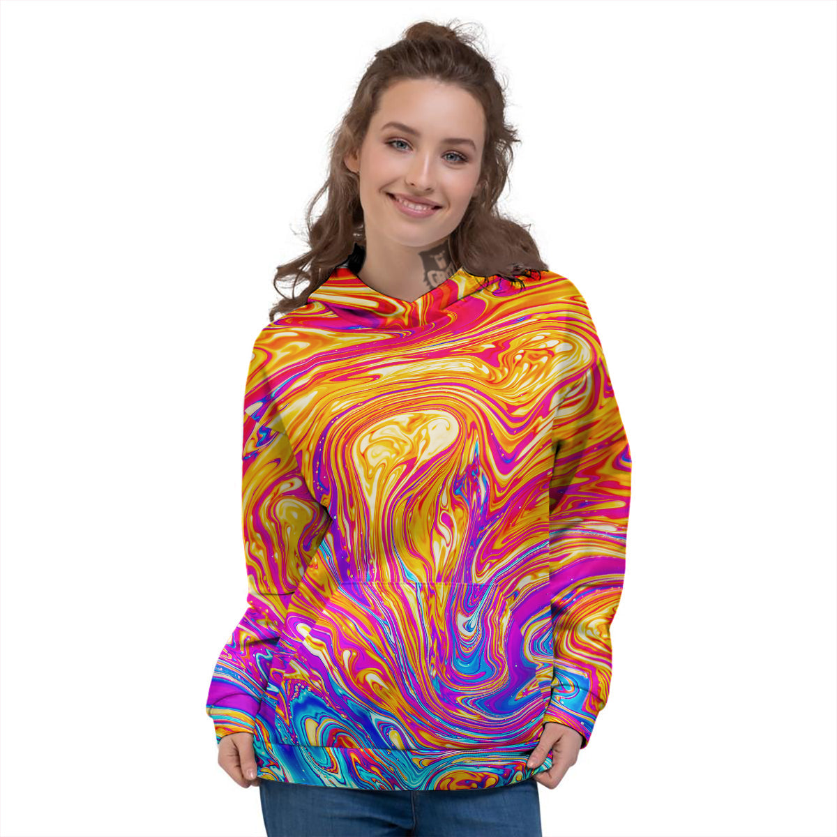 Abstract Orange Psychedelic Print Women's Hoodie-grizzshop