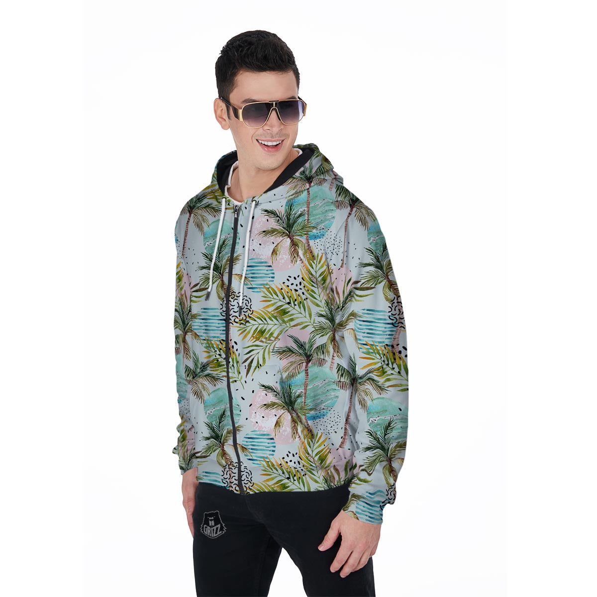 Abstract Palm Tree Hawaiian Print Men's Zip Up Hoodie-grizzshop