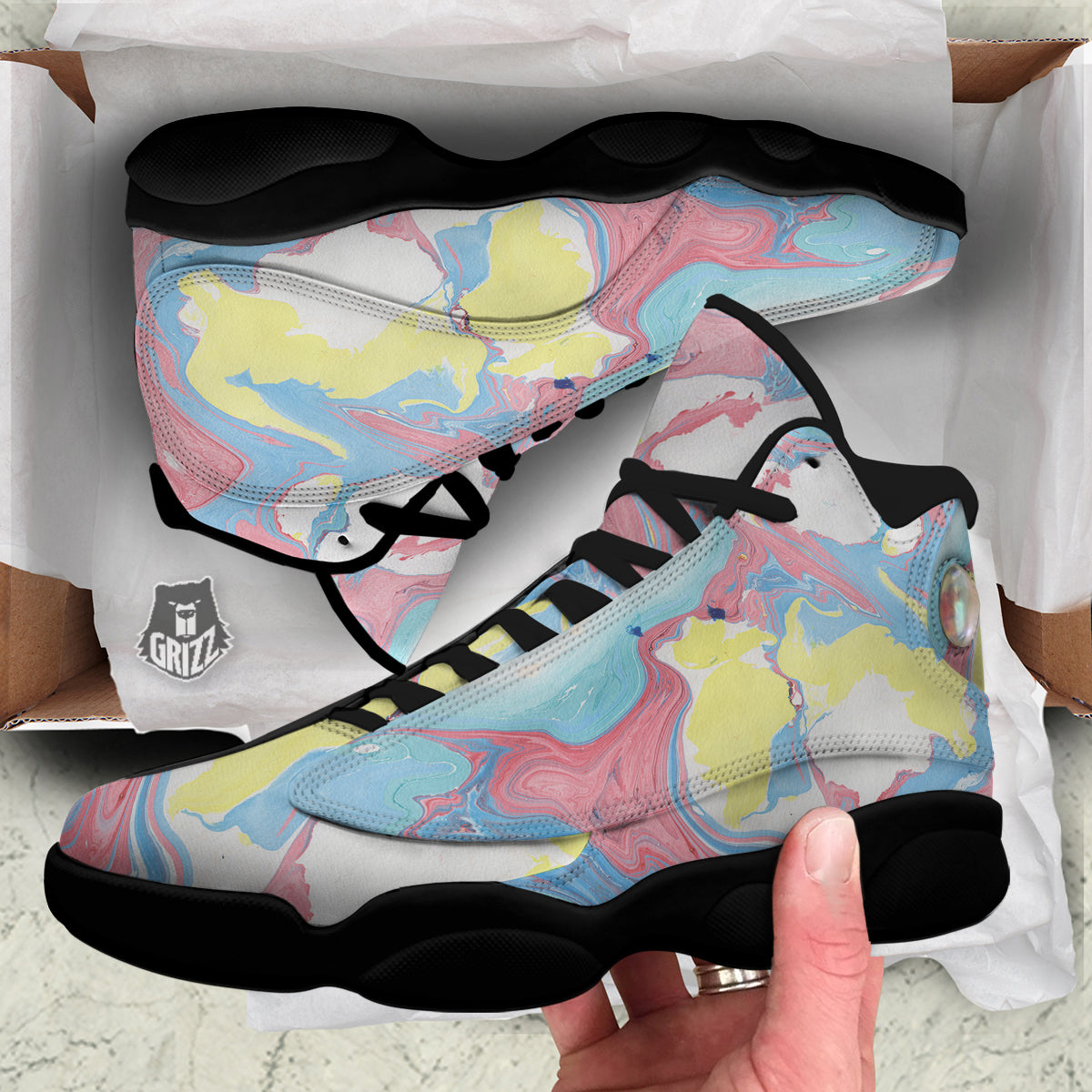 Abstract Pastel Texture Marble Print Black Basketball Shoes-grizzshop