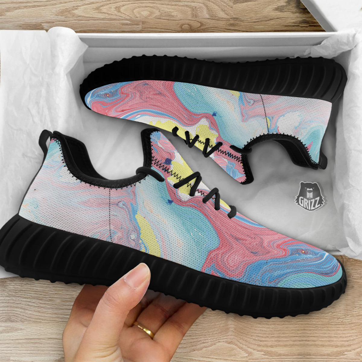Abstract Pastel Texture Marble Print Black Walking Shoes-grizzshop