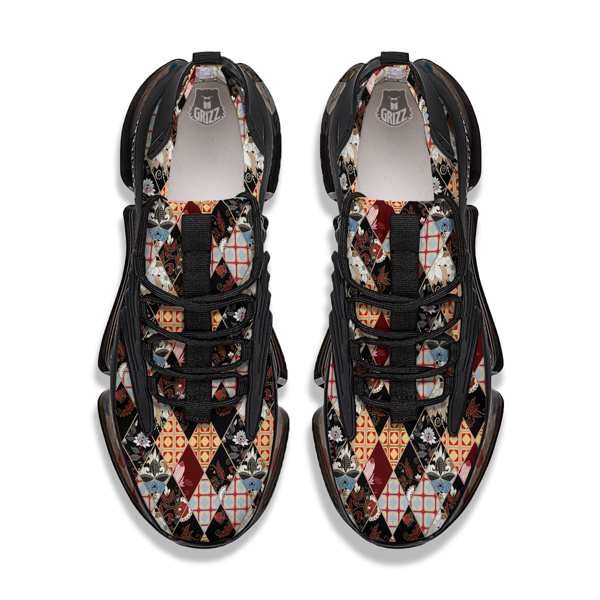 Abstract Patchwork Floral Print Pattern Black Gym Shoes-grizzshop