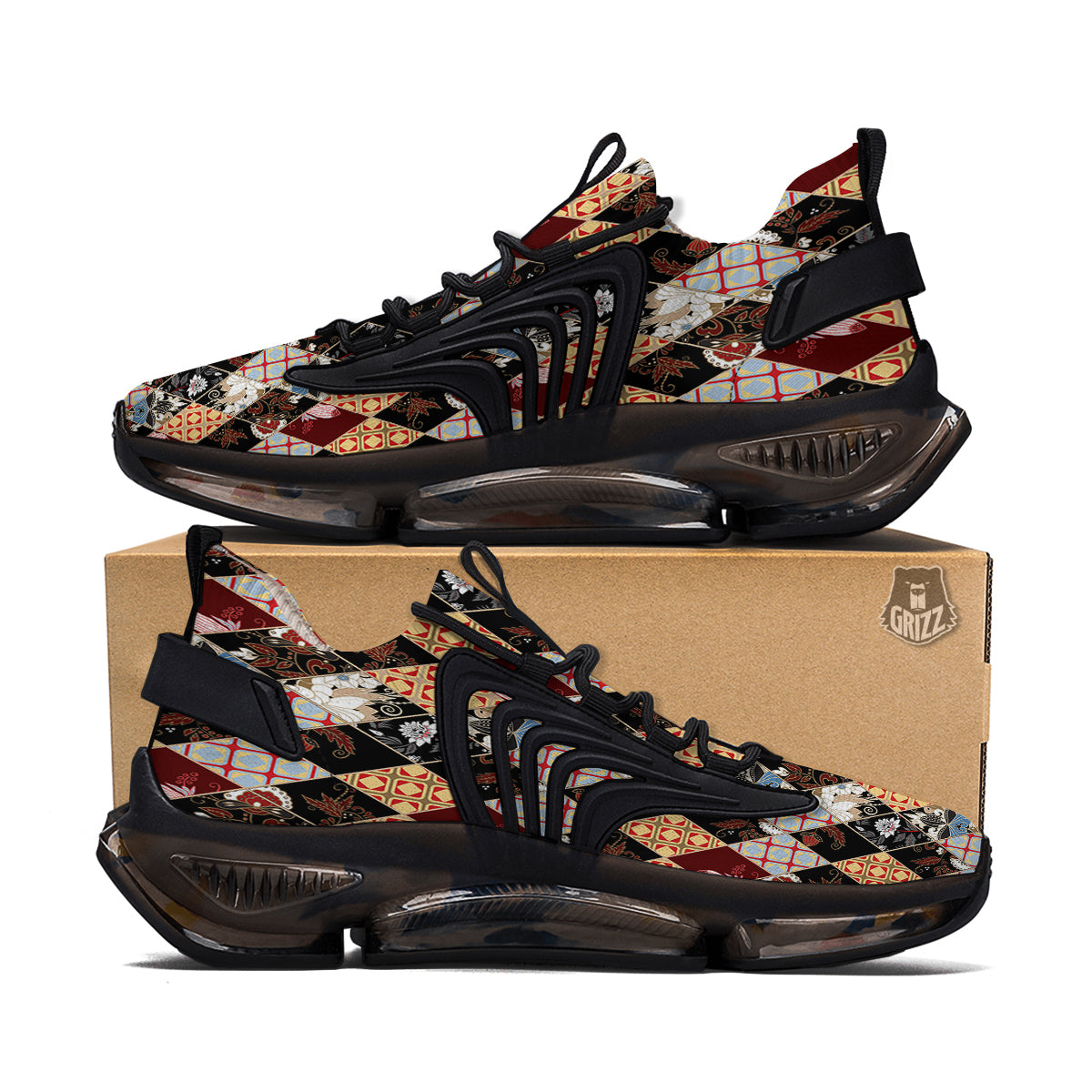 Abstract Patchwork Floral Print Pattern Black Gym Shoes-grizzshop
