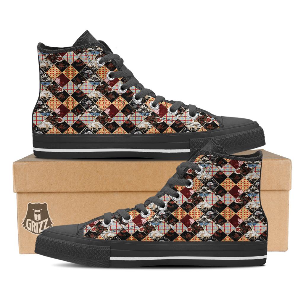 Abstract Patchwork Floral Print Pattern Black High Top Shoes-grizzshop