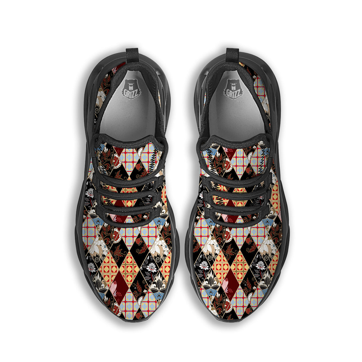 Abstract Patchwork Floral Print Pattern Black Running Shoes-grizzshop