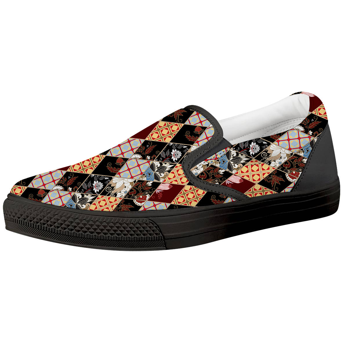 Abstract Patchwork Floral Print Pattern Black Slip On Shoes-grizzshop