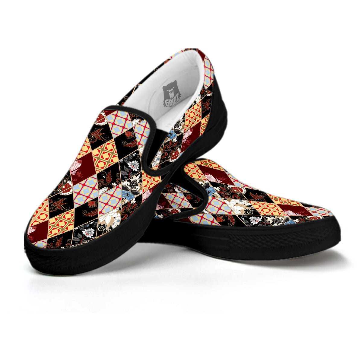 Abstract Patchwork Floral Print Pattern Black Slip On Shoes-grizzshop