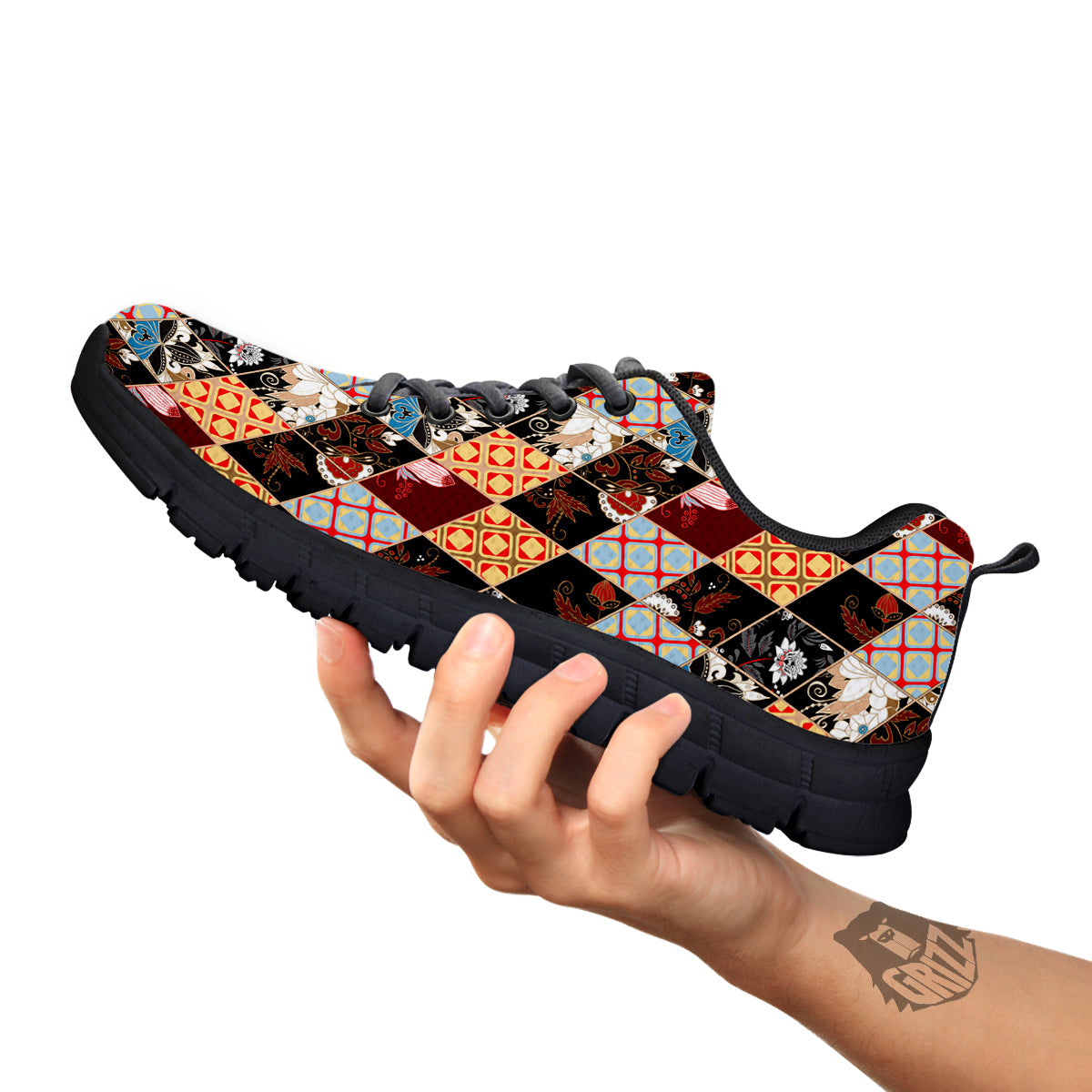 Abstract Patchwork Floral Print Pattern Black Sneaker-grizzshop