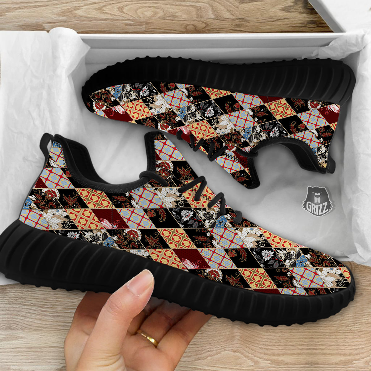 Abstract Patchwork Floral Print Pattern Black Walking Shoes-grizzshop