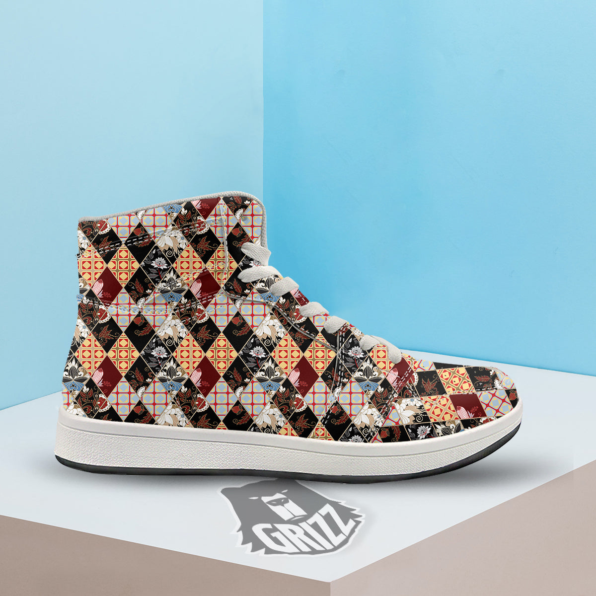Abstract Patchwork Floral Print Pattern High Top Sneakers-grizzshop