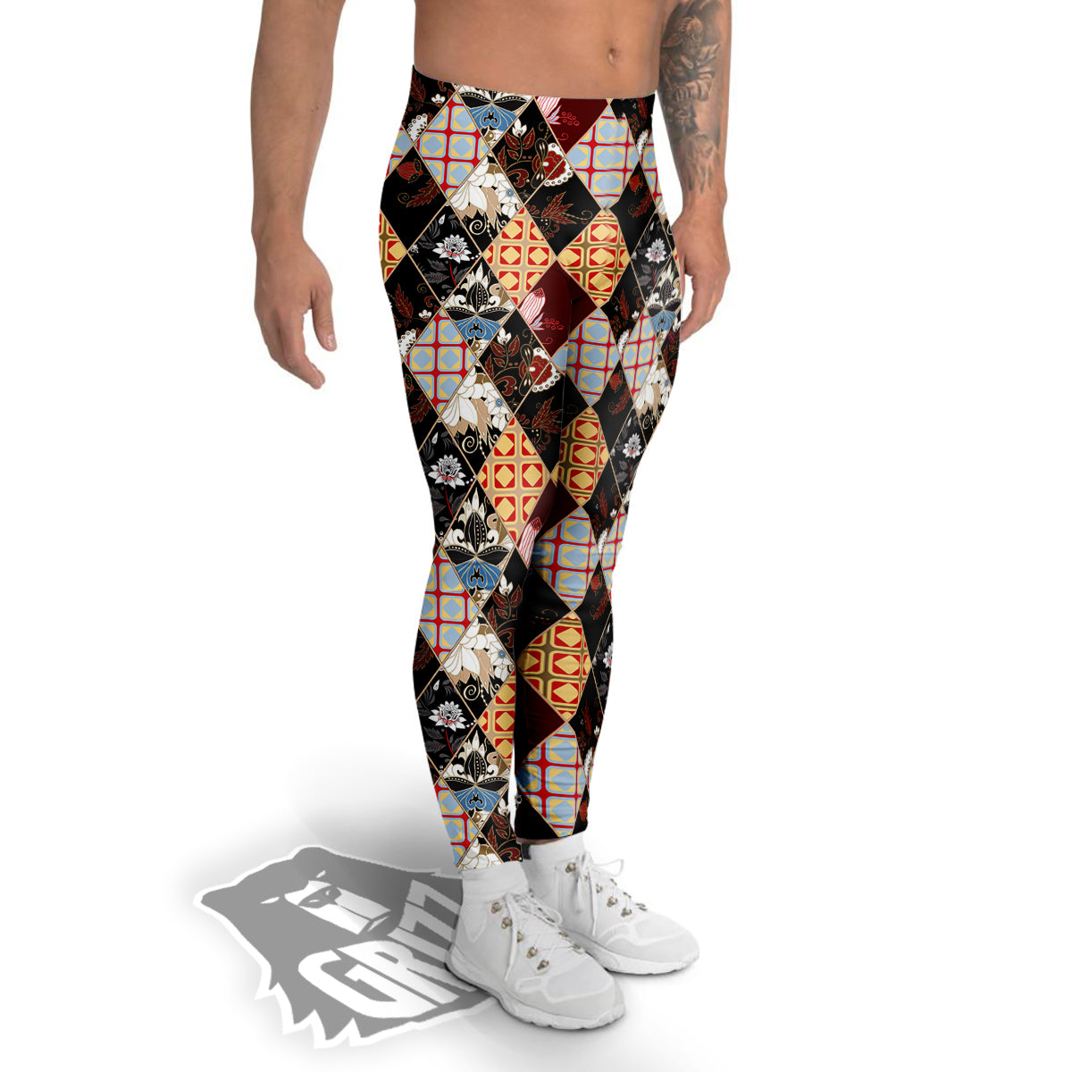Abstract Patchwork Floral Print Pattern Men's Leggings-grizzshop