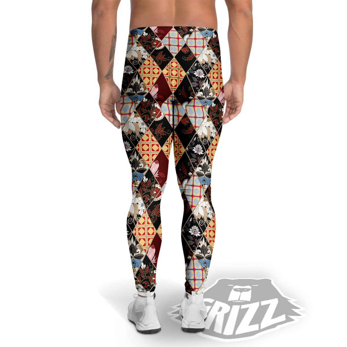 Abstract Patchwork Floral Print Pattern Men's Leggings-grizzshop