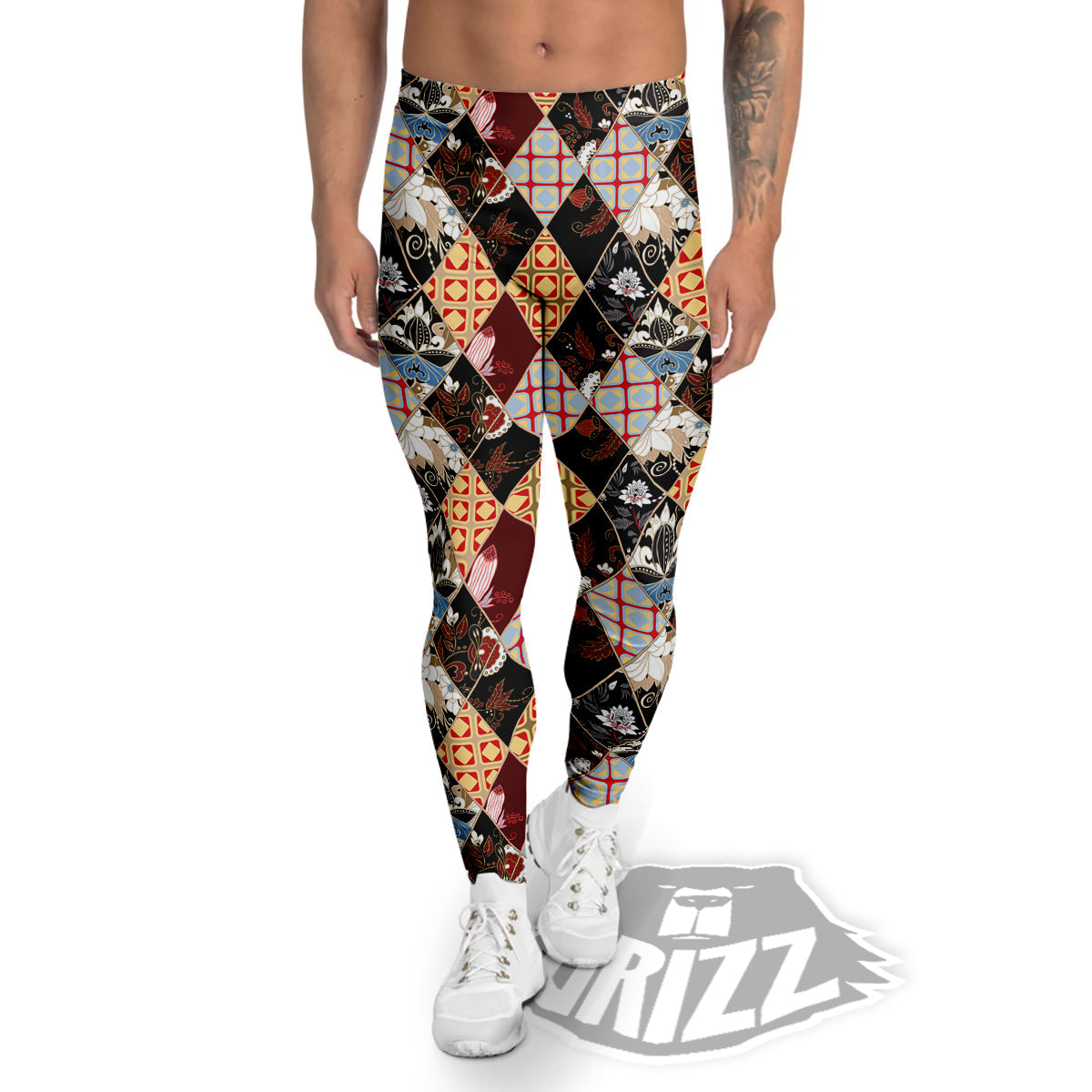 Abstract Patchwork Floral Print Pattern Men's Leggings-grizzshop
