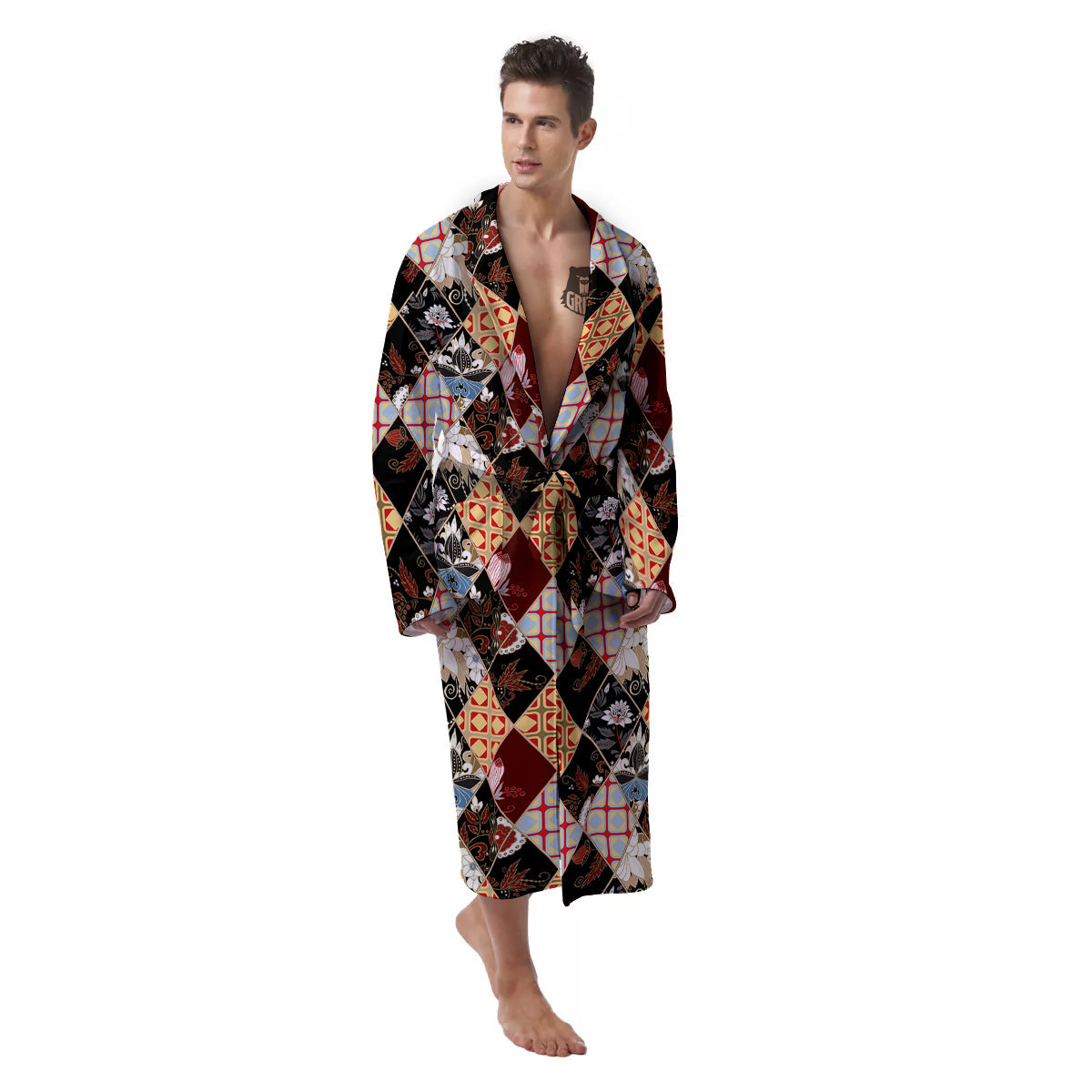 Abstract Patchwork Floral Print Pattern Men's Robe-grizzshop