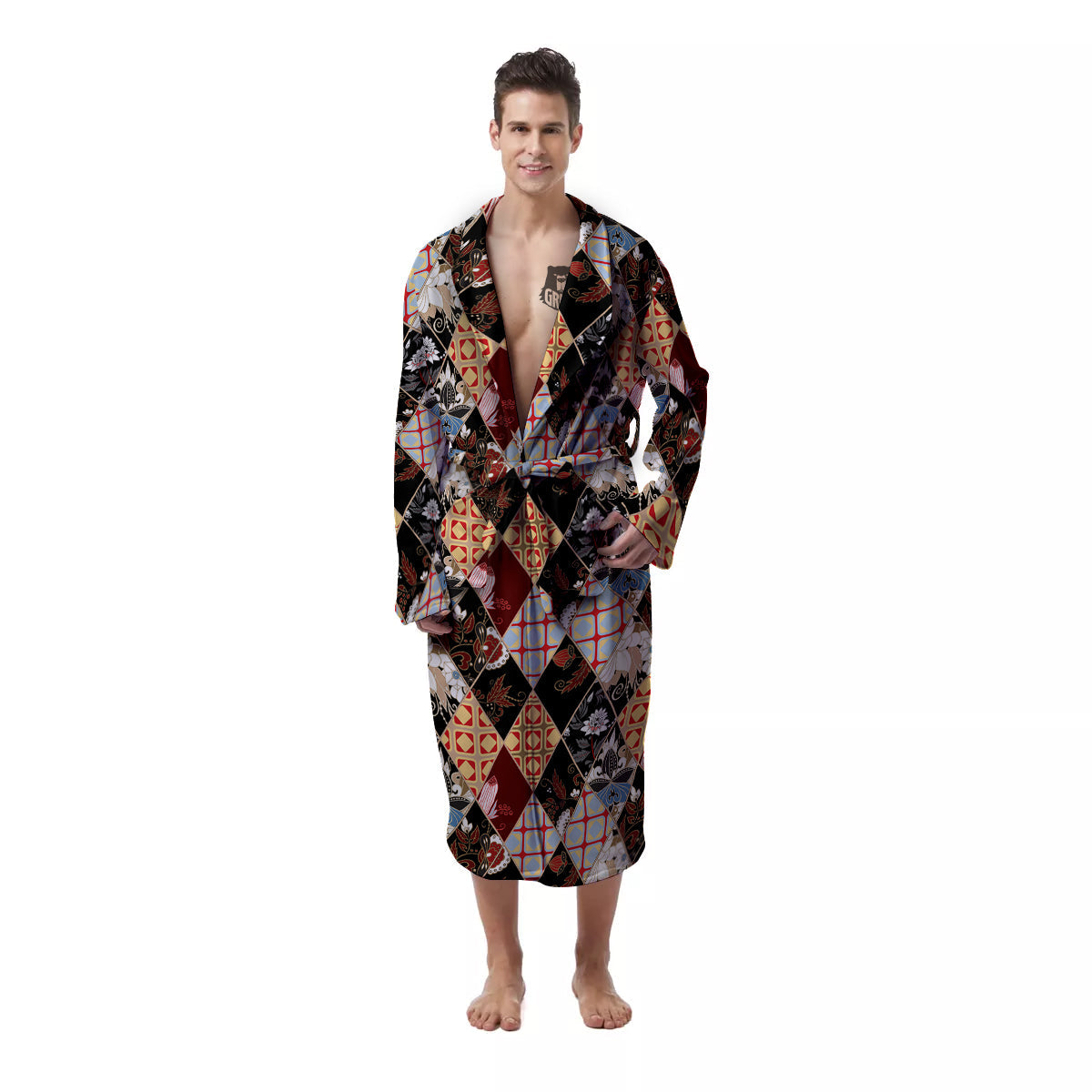 Abstract Patchwork Floral Print Pattern Men's Robe-grizzshop