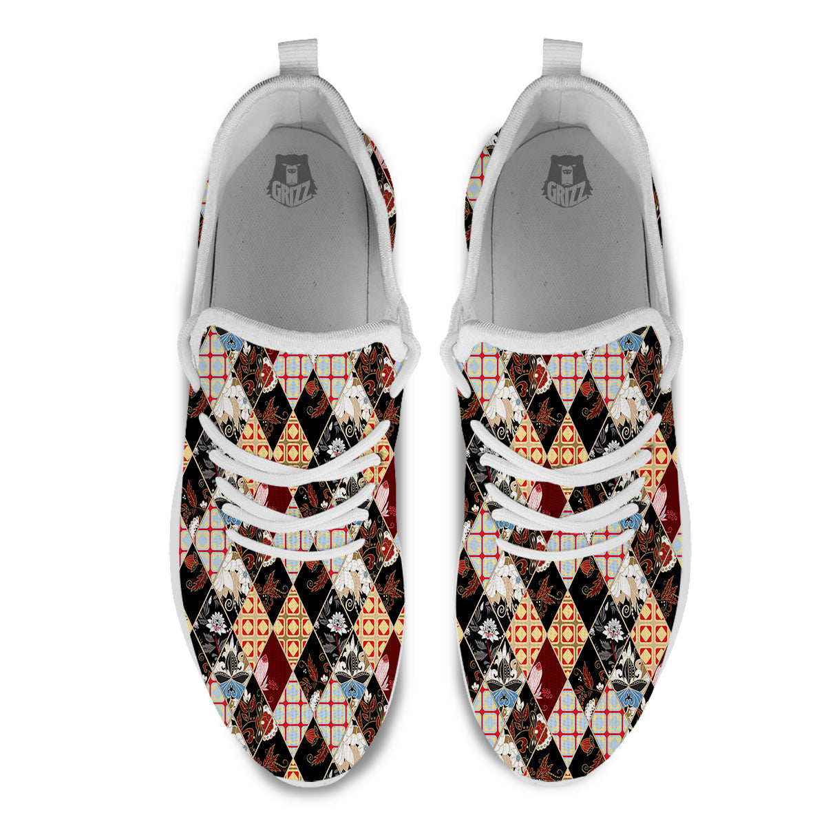 Abstract Patchwork Floral Print Pattern White Athletic Shoes-grizzshop