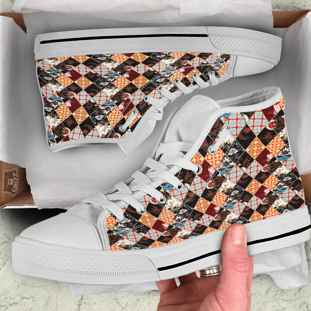 Abstract Patchwork Floral Print Pattern White High Top Shoes-grizzshop