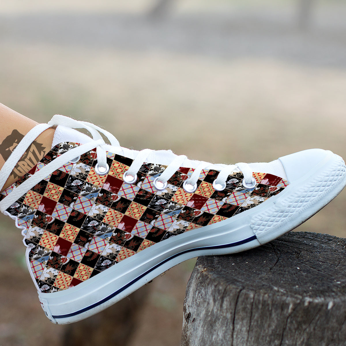 Abstract Patchwork Floral Print Pattern White High Top Shoes-grizzshop
