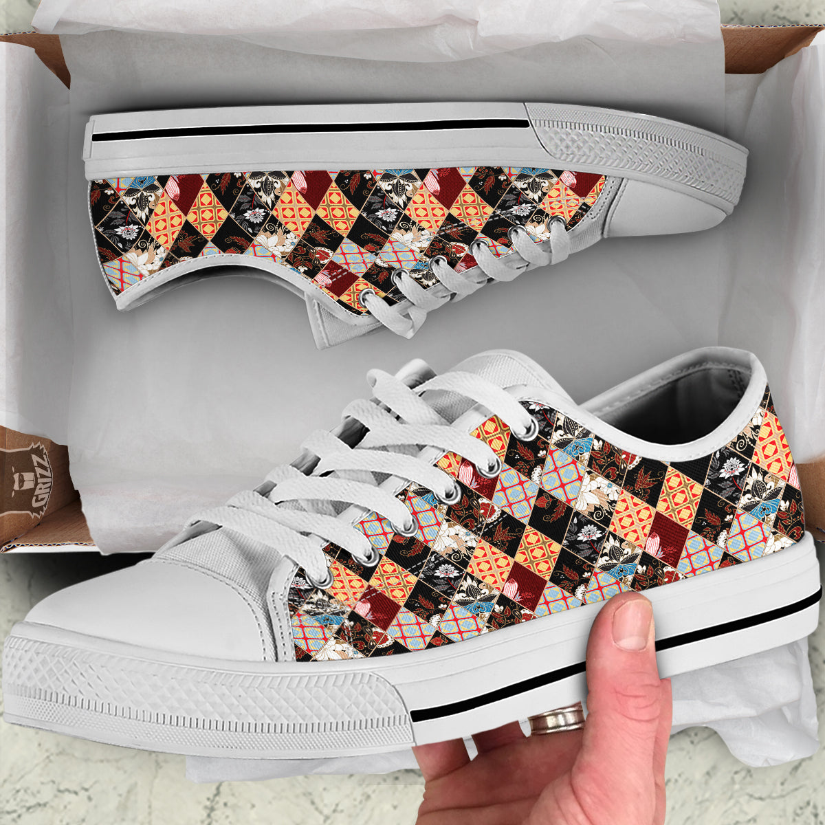 Abstract Patchwork Floral Print Pattern White Low Top Shoes-grizzshop