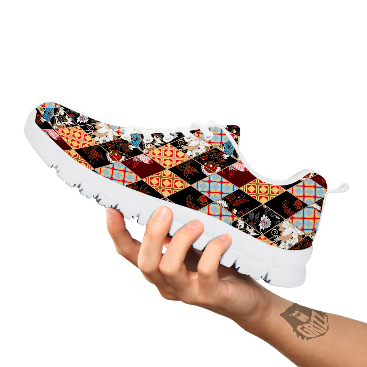 Abstract Patchwork Floral Print Pattern White Sneaker-grizzshop