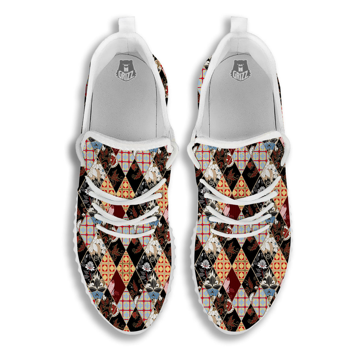 Abstract Patchwork Floral Print Pattern White Walking Shoes-grizzshop