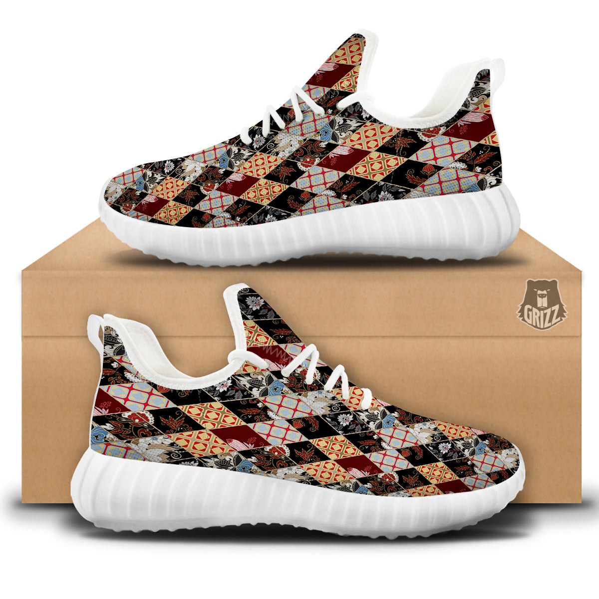 Abstract Patchwork Floral Print Pattern White Walking Shoes-grizzshop